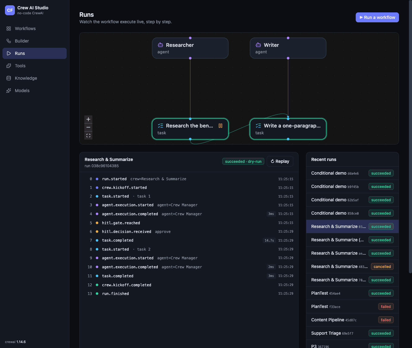 Crew AI Studio — visual multi-agent workflow canvas with a live run timeline