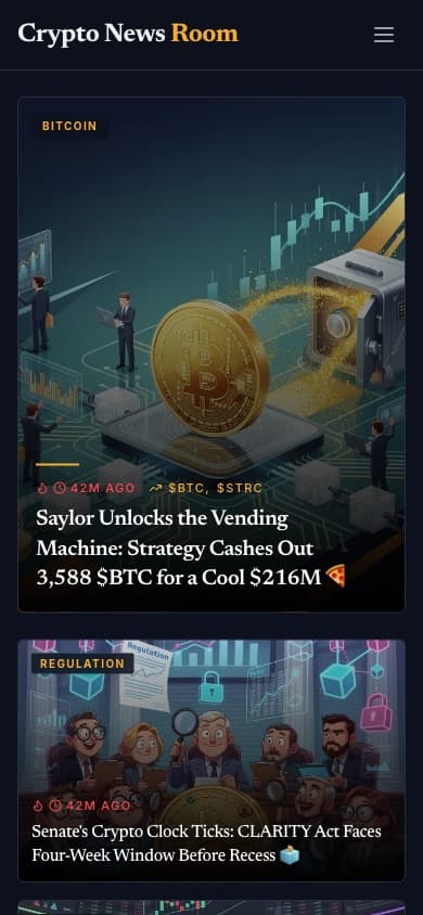 Crypto News Room mobile app feed with illustrated story cards