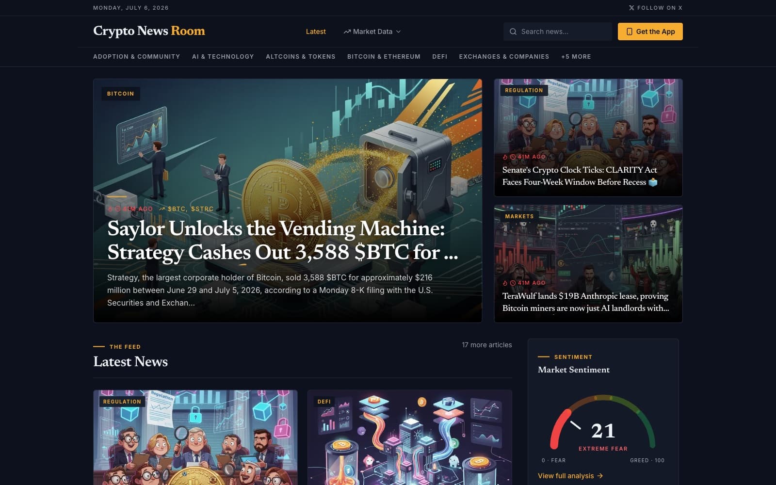 Crypto Newsroom homepage — dark editorial layout with illustrated stories and a market sentiment gauge