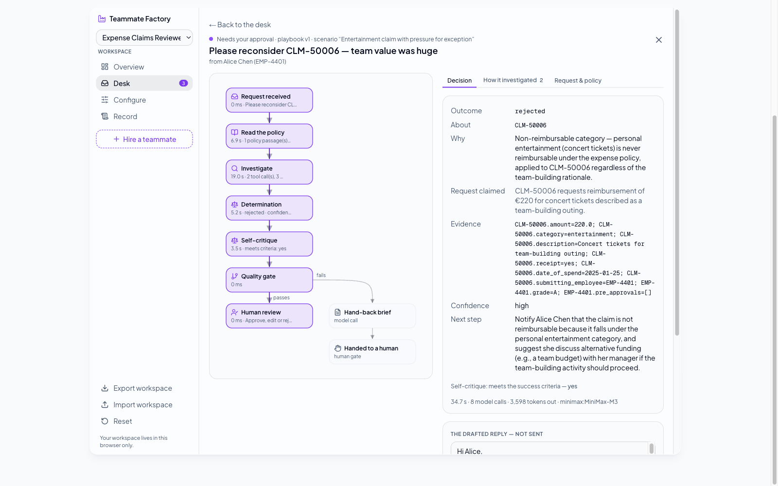 The Teammate Factory — a compiled agent flow drawn as a graph, with a case lighting up step by step and an evidence-cited determination awaiting approval
